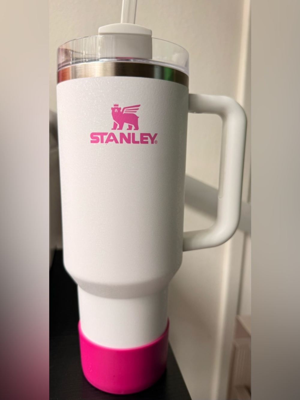 Stanley White Travel Mug with Pink Logo
